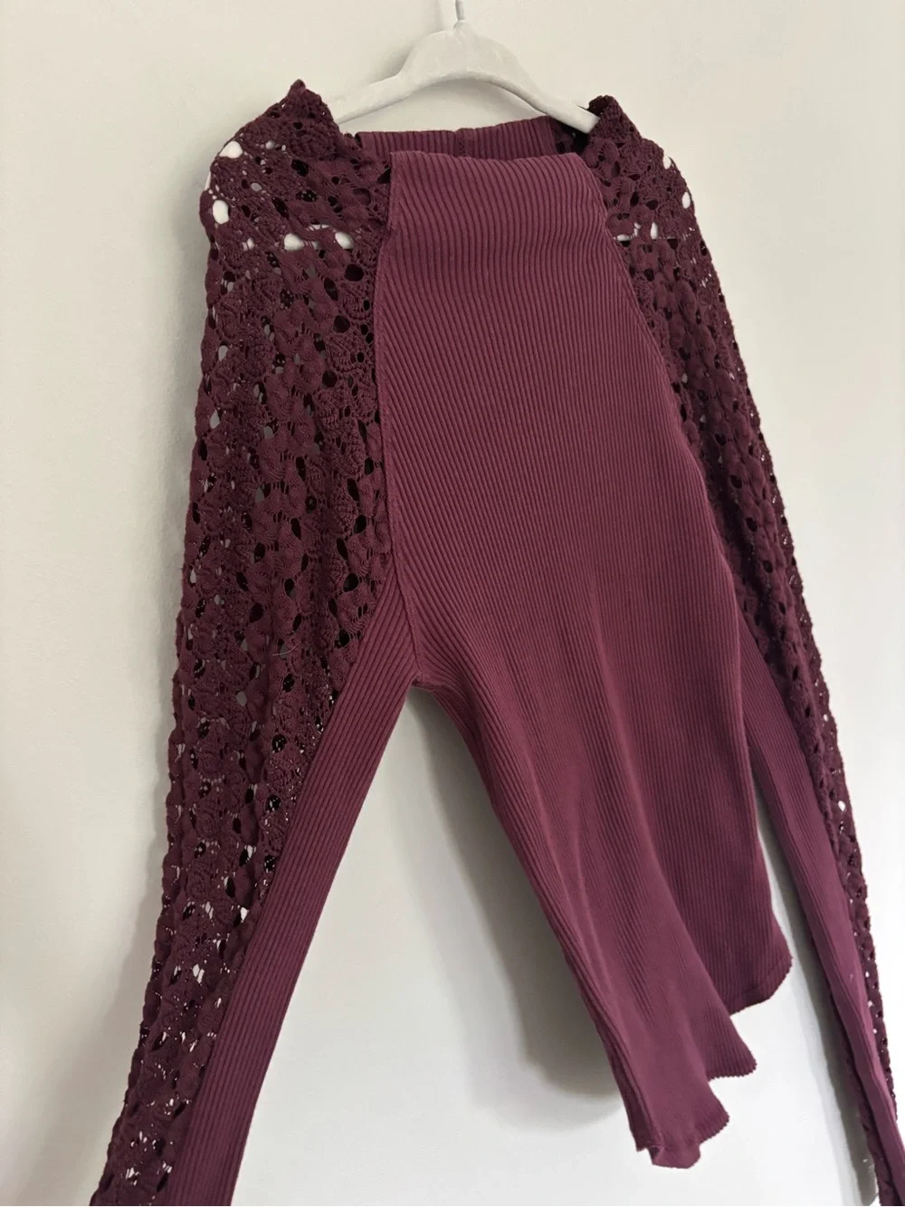 Free People Crochet-Sleeve Ribbed Long Sleeve Top - Plum XS